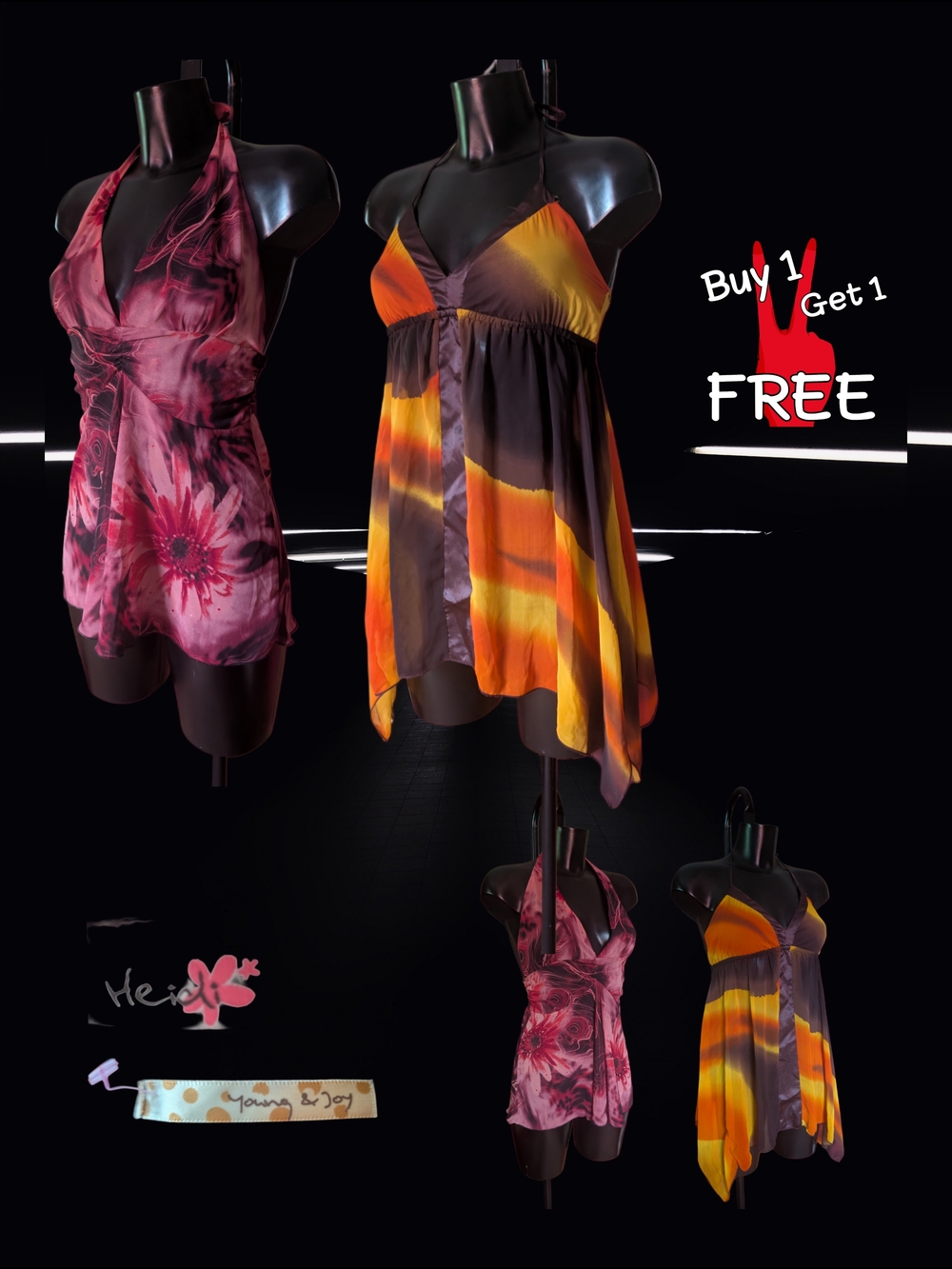 VTG Y2K Halter Top Bundle | Heidi Floral Pink & Young & Joy Sunset Tie Dye Asymm